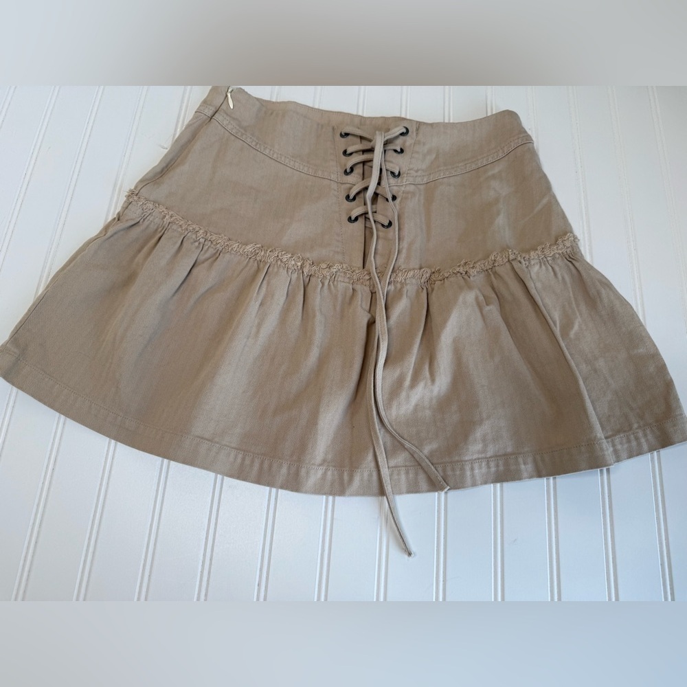 Free People Positano Tiered Mini Skirt Lace Up Back Khaki Women’s 8 NEW NWOT 813
